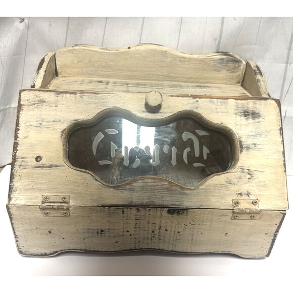Unbranded Other - Vtg Wood Bread Box Stencil Design Glass Face Farmhouse Breadbox Cottagecore